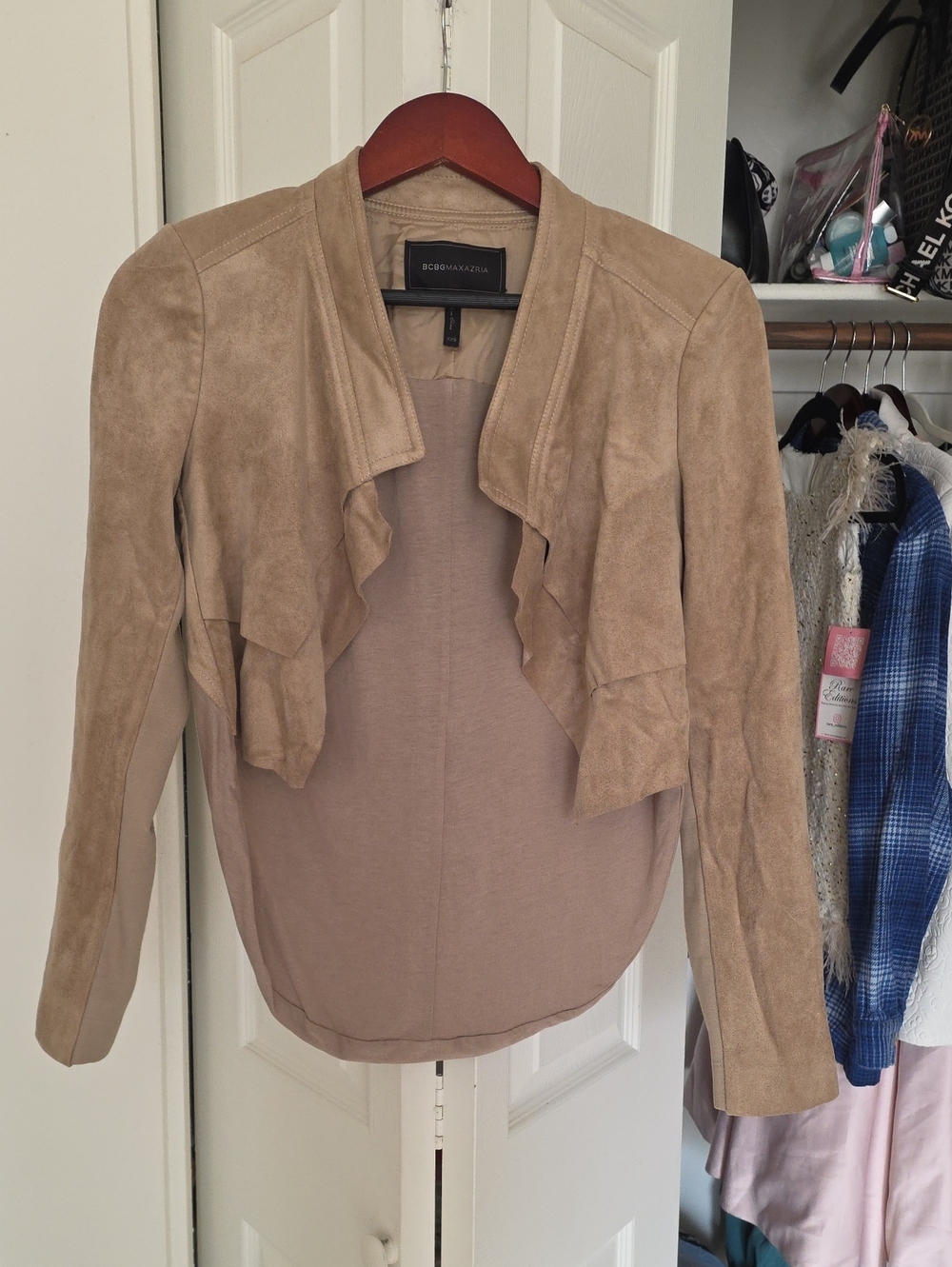 BCBGMaxAzria Taupe Suede Ruffle-Front Blazer